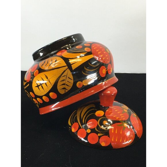 Vintage Russian Khokhloma Lacquered Wood Jar with Lid Painted Red Black - Picture 9 of 10